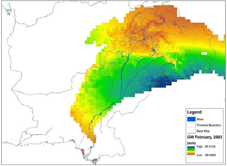 Pakistan water managers used NASA GRACE satellite data to produce this map of monthly groundwater changes in the Indus River Basin. Orange and yellow indicates areas where groundwater might be depleted, while blue and green highlights areas where groundwater is being replenished. Credit: Pakistan Council of Research in Water Resources