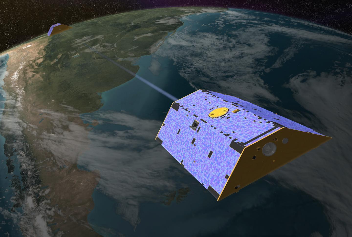 Illustration of the Gravity Recovery and Climate Experiment (GRACE) twin satellites in orbit. Credit: NASA-JPL/Caltech
