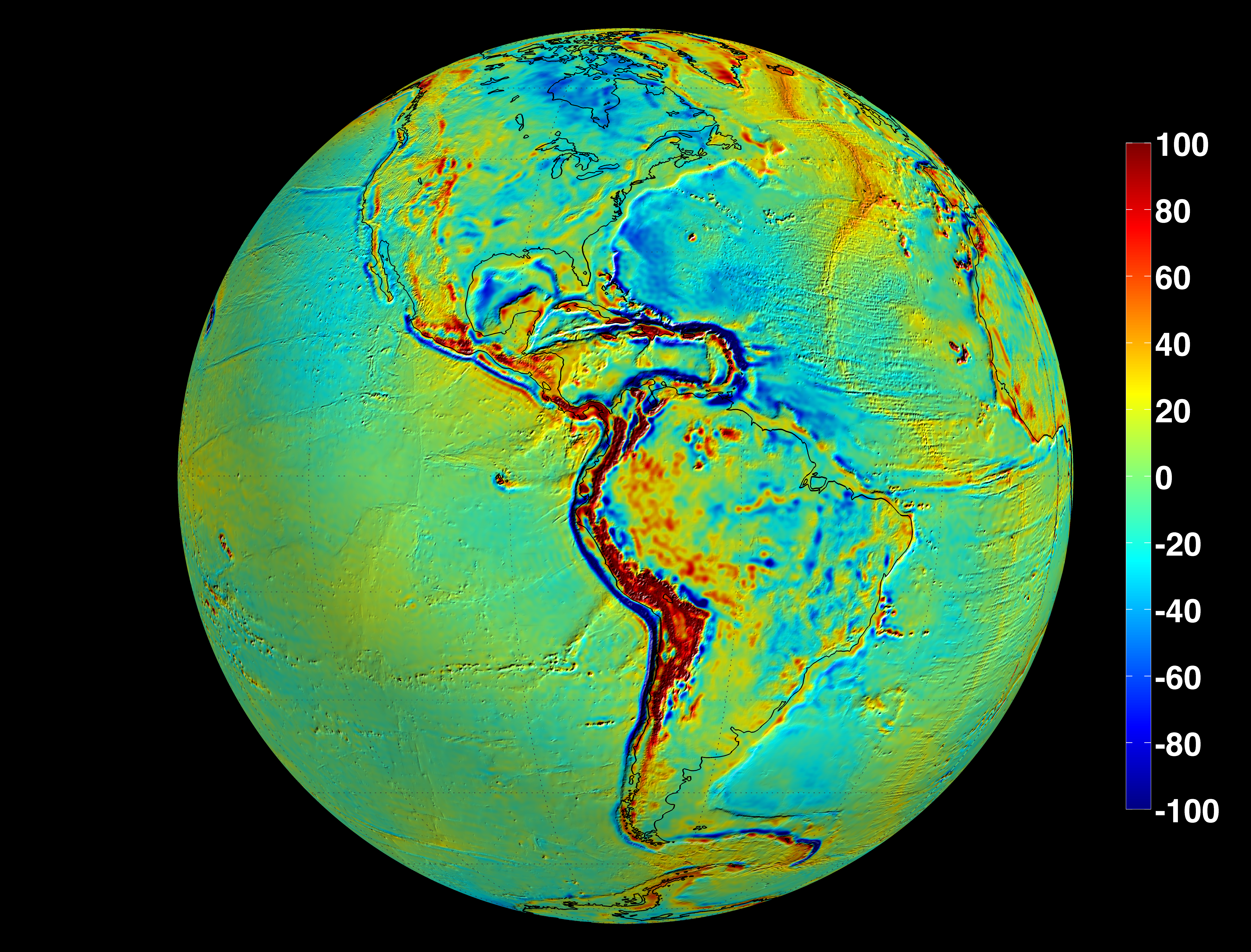 The GRACE Intermediate Field 48 (GIF48 from UT-CSR) field model is an improved mean gravity field that combines GRACE observations and terrestrial gravity information The terrestrial gravity information was taken from the DTU10 global gravity field.  Shown here are the so-called free air gravity deviations from an ideal ellipsoidal Earth model, in units of milli-gal. Areas colored yellow, orange, or red are areas where the actual gravity field is larger than the featureless-Earth model predicts, while the progressively darker shades of blue indicate places where the gravity field is less.